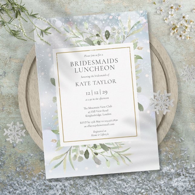 Elegant Winter Snow Greenery Bridesmaids Luncheon Invitation (Elegant Winter Snow Greenery Bridesmaids Luncheon Invitation)