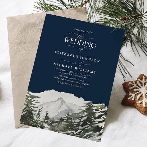 Elegant Winter Snow Pine Trees Watercolor Wedding Invitation