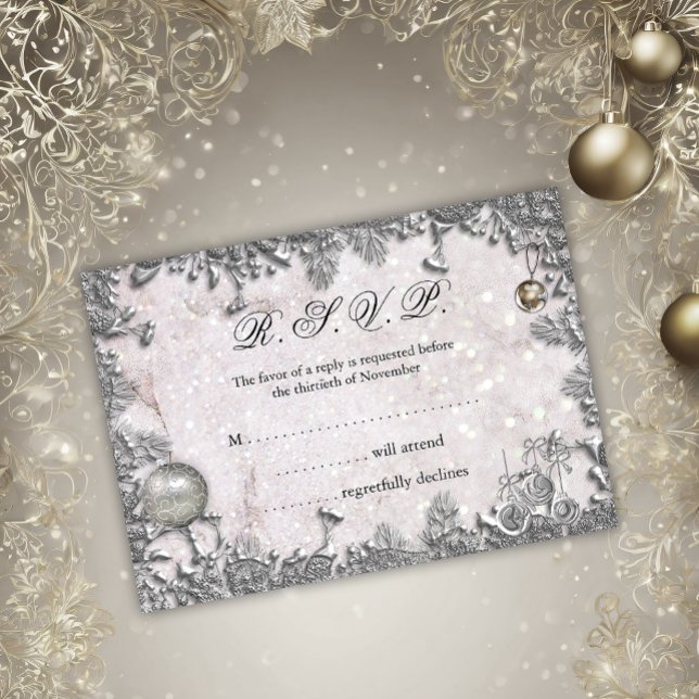 Elegant Winter Snow Silver Christmas Wedding RSVP Invitation (Creator Uploaded)