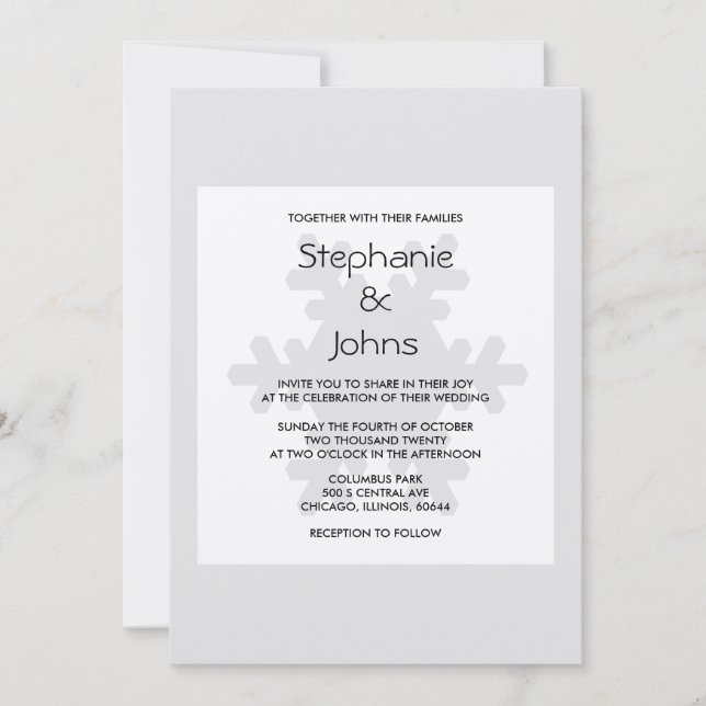 Elegant Winter Snowflake Grey White Silver Wedding Invitation (Front)
