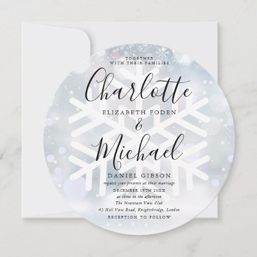 Elegant Winter Snowflakes Circular Wedding Invitation