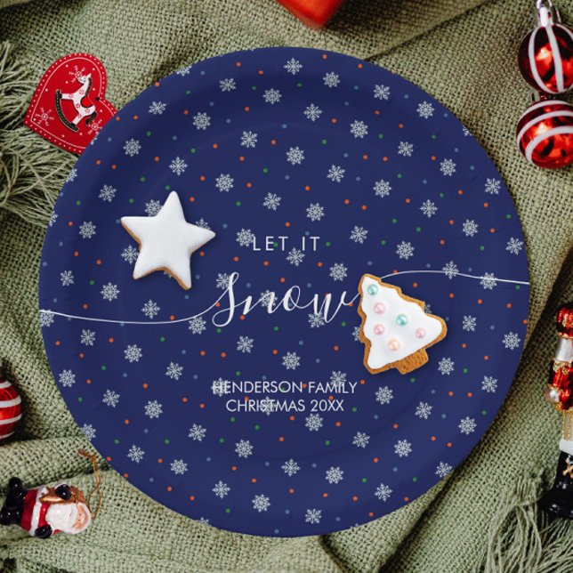 Elegant winter snowflakes custom paper plates (Let it snow custom blue Christmas plate with snowflakes and personalized text.)