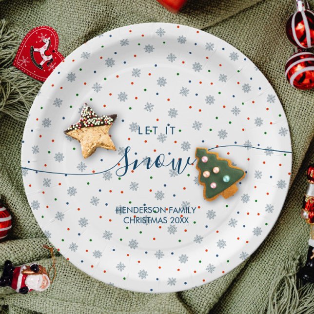 Elegant winter snowflakes custom paper plates (Let it snow custom Christmas plate with snowflakes and personalized text.)