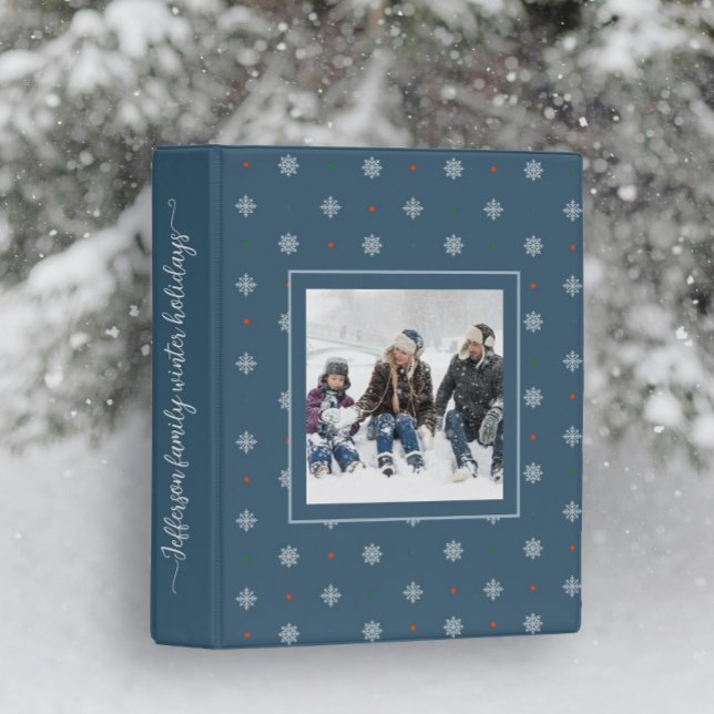 Elegant winter snowflakes custom photo mini binder (Elegant blue grey snowflake custom photo binder)
