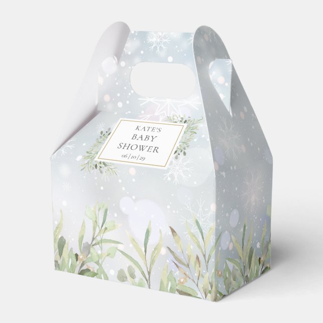 Elegant Winter Snowflakes Greenery Baby Shower Favor Boxes (Front Side)