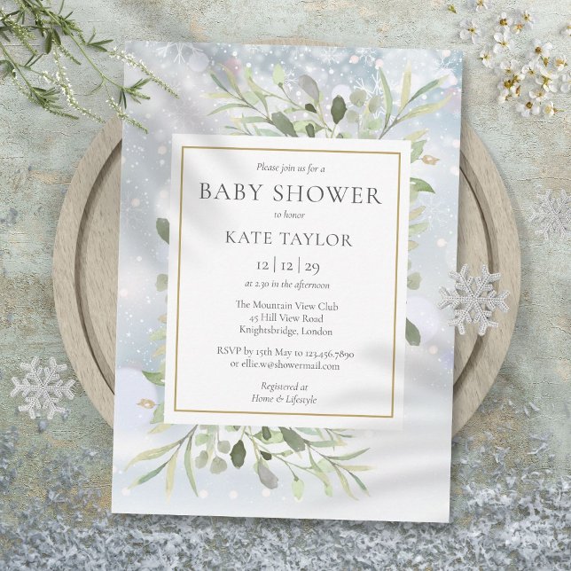 Elegant Winter Snowflakes Greenery Baby Shower Invitation (Elegant Winter Snowflakes Greenery Baby Shower Invitation)