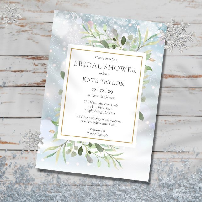 Elegant Winter Snowflakes Greenery Bridal Shower Invitation (Creator Uploaded)