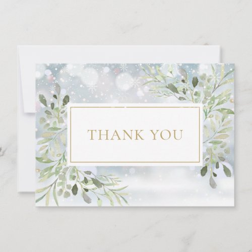 Elegant Winter Snowflakes Greenery Gold Thank You Card