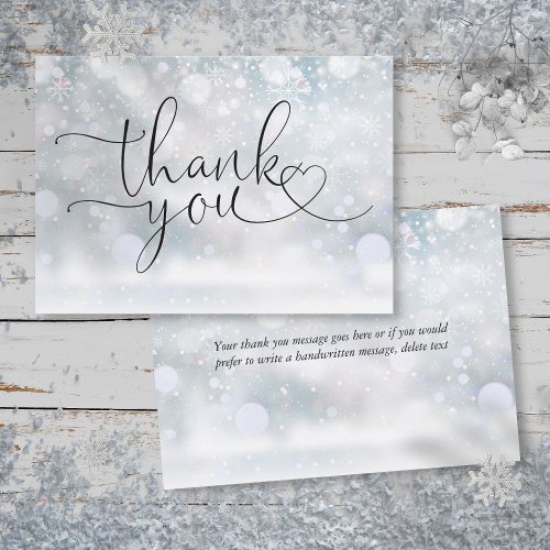 Elegant Winter Snowflakes Heart Script  Thank You Card