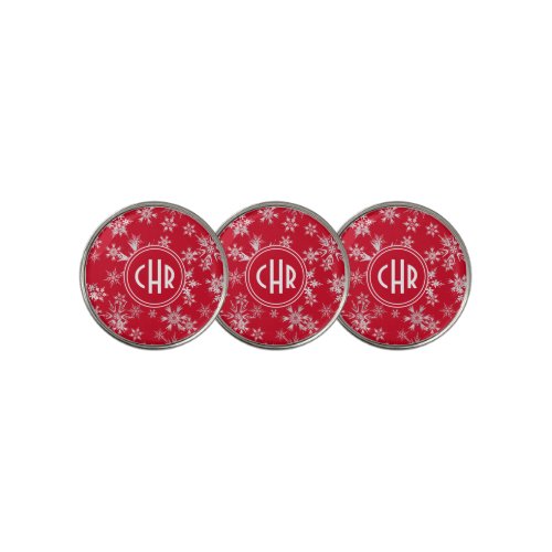 Elegant Winter Snowflakes  Red Background Golf Ball Marker