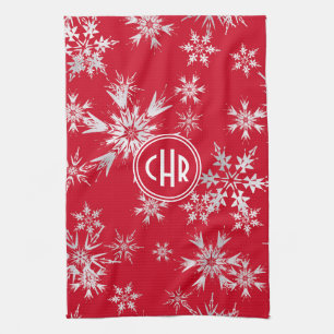 Elegant Winter Snowflakes Red Background Kitchen Towel