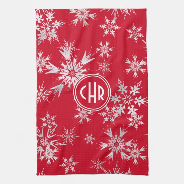 Elegant Winter Snowflakes | Red Background Kitchen Towel (Vertical)