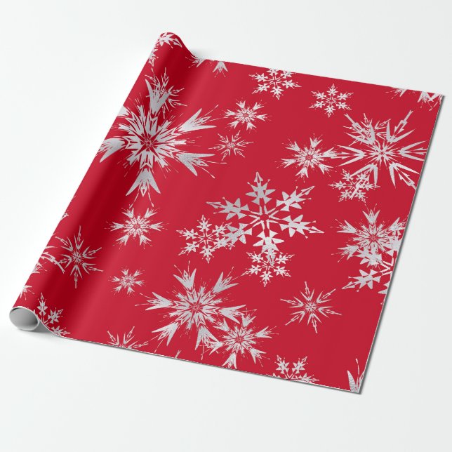 Elegant Winter Snowflakes | Red Background Wrapping Paper (Unrolled)