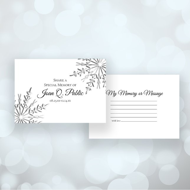 Elegant Winter Snowflakes Share a Memory Funeral  Note Card (Creator Uploaded)