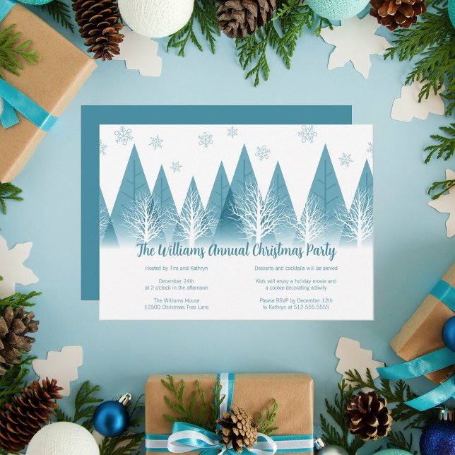 Elegant Winter Trees Custom Blue Christmas Party Invitation (Creator Uploaded)