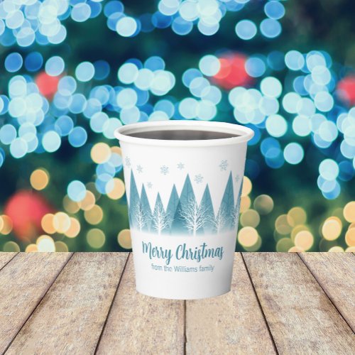 Elegant Winter Trees Custom Blue Christmas Party Paper Cups