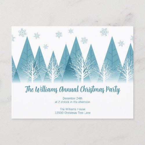 Elegant Winter Trees Custom Blue Christmas Party Postcard