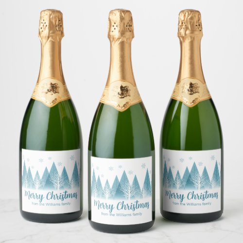 Elegant Winter Trees Custom Blue Christmas Party Sparkling Wine Label