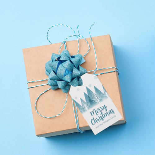 Elegant Winter Trees Custom Blue Merry Christmas Gift Tags