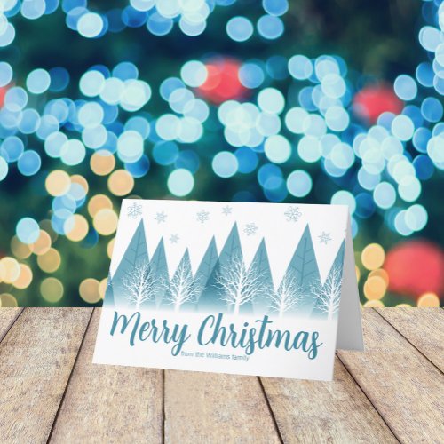 Elegant Winter Trees Custom Blue Merry Christmas Holiday Card