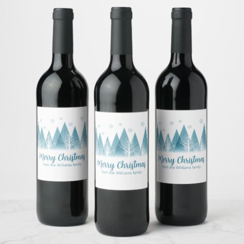 Elegant Winter Trees Custom Blue Merry Christmas Wine Label