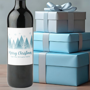 Elegant Winter Trees Custom Blue Merry Christmas Wine Label
