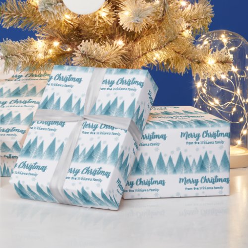 Elegant Winter Trees Custom Blue Merry Christmas Wrapping Paper