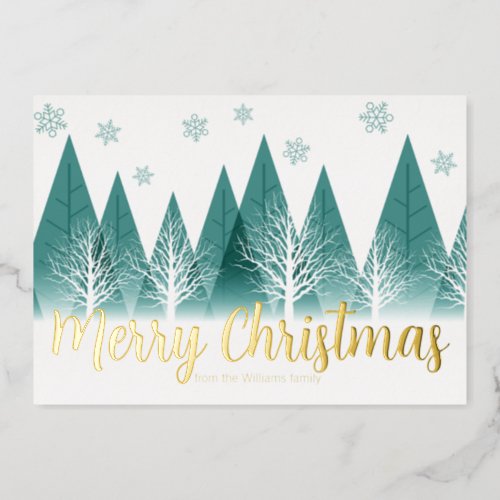 Elegant Winter Trees Custom Merry Christmas Gold Foil Holiday Card