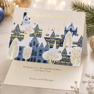 Elegant Winter Village Seasons Greetings Blue Gold Foil Greeting Card