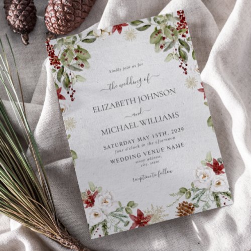 Elegant Winter Watercolor Botanical Script Wedding Invitation
