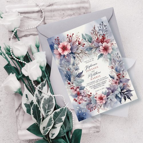 Elegant Winter Watercolor Floral Berries Wedding Invitation