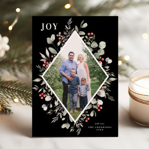 Elegant Winter Watercolor Greenery Black Photo Holiday Card