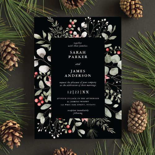 Elegant Winter Watercolor Greenery Black Wedding Invitation