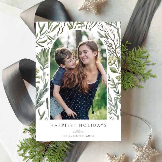 Elegant Winter Watercolor Greenery Botanical Photo Holiday Card (Creator Uploaded)