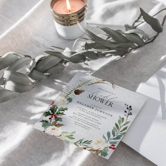 Elegant Winter Watercolor Greenery Bridal Shower Invitation (Join us in a wonderland of botanical bliss to shower the bride-to-be.)
