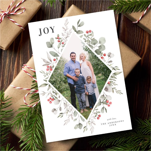 Elegant Winter Watercolor Greenery White Photo Holiday Card (Creator Uploaded)