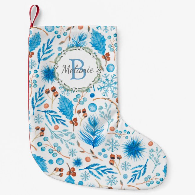 Elegant Winter Watercolor Pattern Monogram Wreath Small Christmas Stocking (Front)