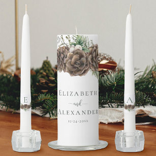Elegant Winter Watercolor Pine Cone Wedding Unity Candle Set