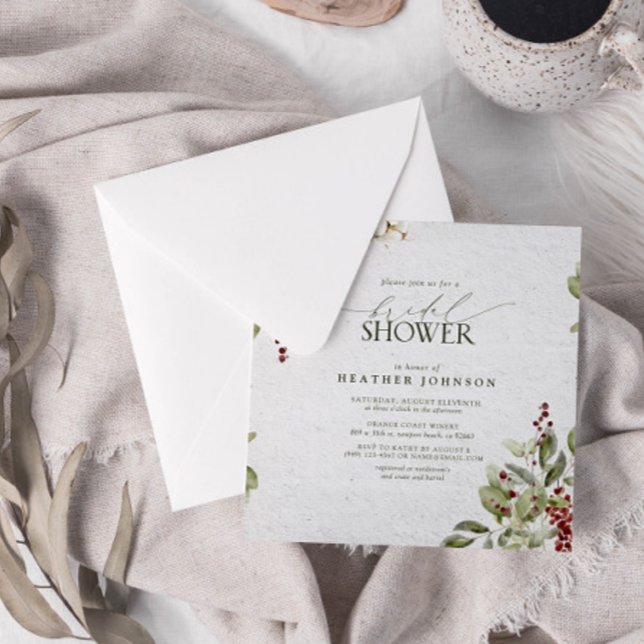 Elegant Winter Watercolor Red Berry Bridal Shower Invitation (Join us in a winter wonderland of botanical bliss to shower the bride-to-be.)