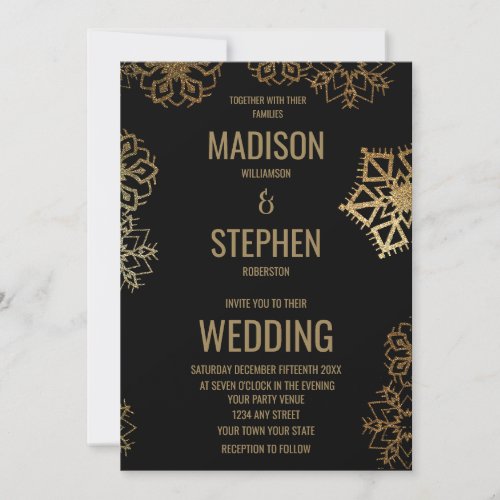Elegant Winter Wedding  Black and Gold Invitation