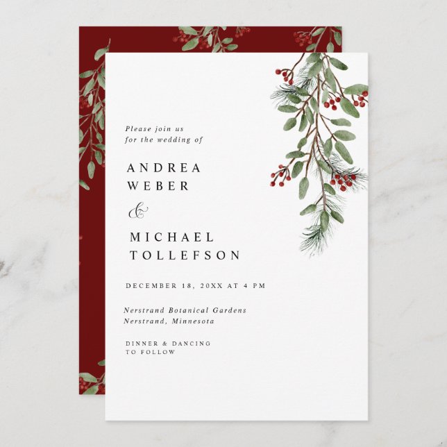 Elegant Winter Wedding Burgundy Greenery Invitation (Front/Back)