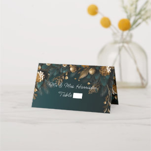 Elegant Winter Wedding Hunter Green Gold Place Card