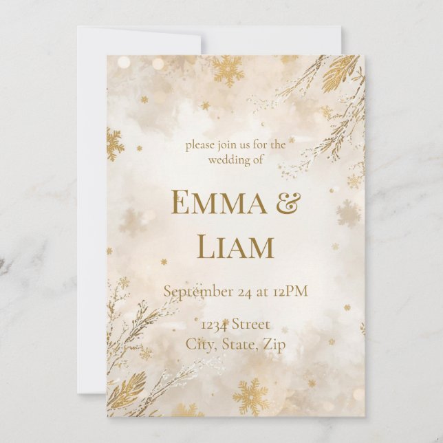 Elegant Winter Wedding Invitation | Ivory & Gold (Front)