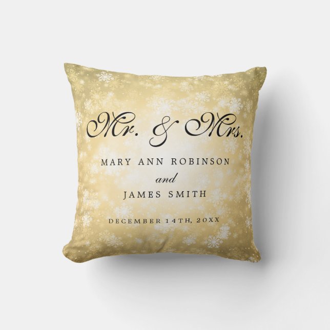 Elegant Winter Wedding Mr & Mrs Favor Gold Throw Pillow (Front)