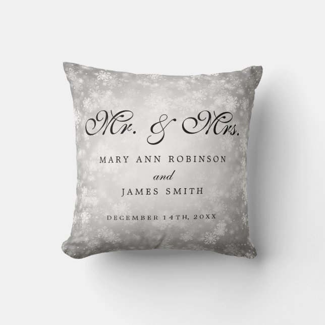Elegant Winter Wedding Mr & Mrs Favor Silver Throw Pillow (Front)