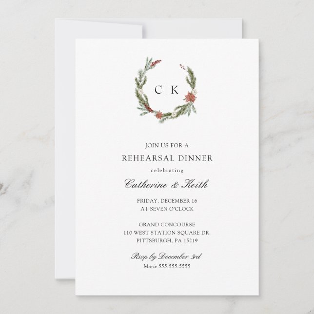 Elegant Winter Wedding Rehearsal Dinner Invitation (Front)