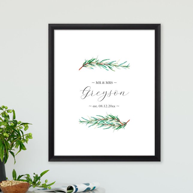 Elegant Winter Wedding Sign and Keepsake (Sustainable wedding sign features unique watercolor rosemary art by Victoria Grigaliunas)