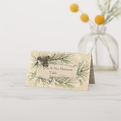 Elegant Winter Wedding Vintage Pine Cones Scroll Place Card