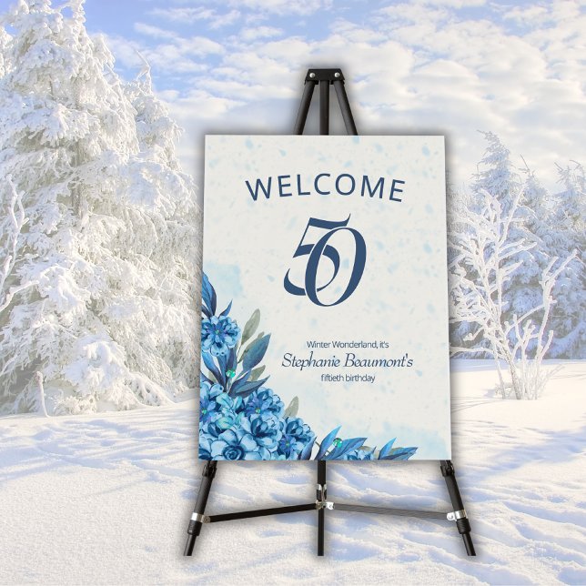 Elegant Winter White Blue Flowers 50th Birthday  Foam Board (Creator Uploaded)