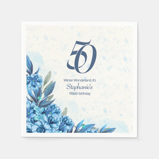Elegant Winter White Blue Flowers 50th Birthday  Napkins (Front)